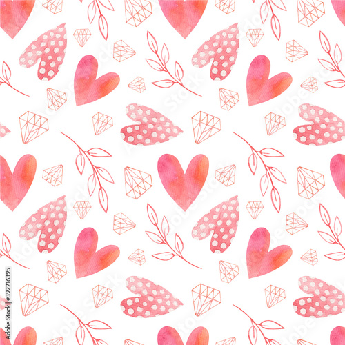 Seamless watercolor pattern for valentine's day. Festive romantic background. Hearts, pink tones.