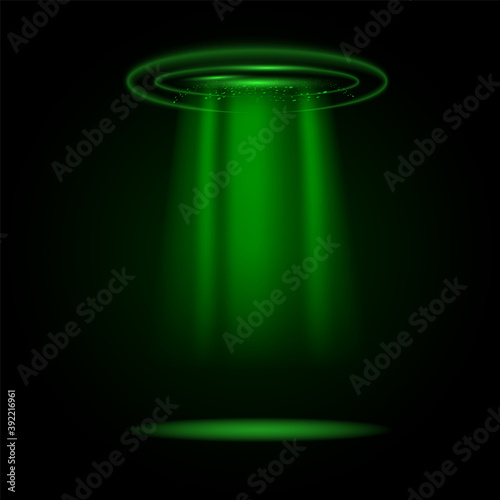 Green rays of light from the circle. UFO spaceship Green light beam illustration on black background.