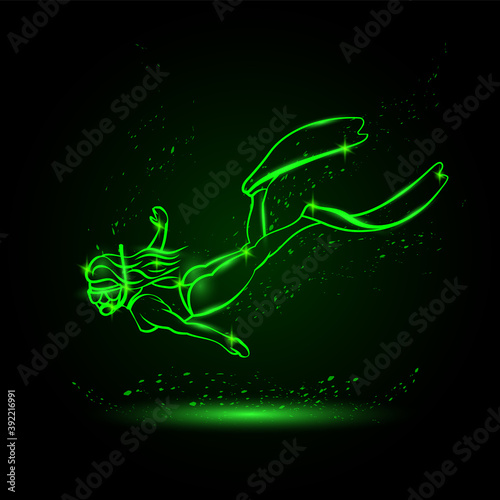 Neon glow diver girl linear silhouette in underwater space. Young girl snorkel underwater.