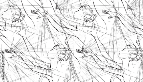 Black and White Seamless Pattern of Ballerinas, Freehand Drawing. Psychedelic Monochrome Background. Vector Illustration of Ballet Dancers Girls. Design for Fabric, Lace or Wallpaper. Fashion Print.
