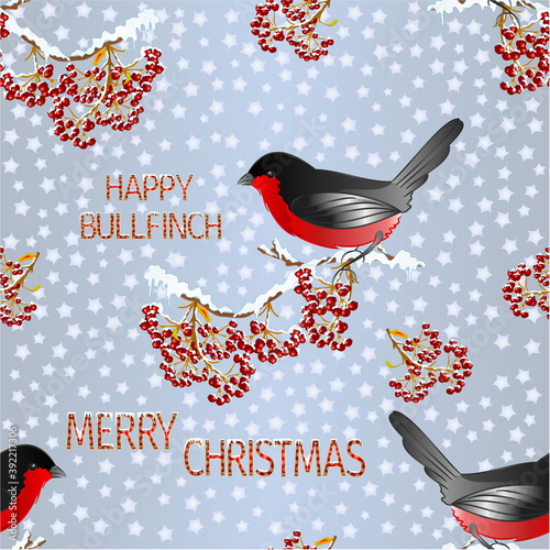 Seamless texture   small bird bullfinch on a rowanberry branch Merry Christmas and New yar and lettering and snow  vintage vector illustration editable hand draw