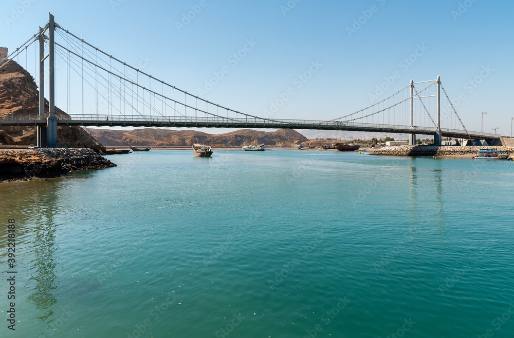 View of Khor Al Batah suspension bridge in Sur, Sultanate of Oman