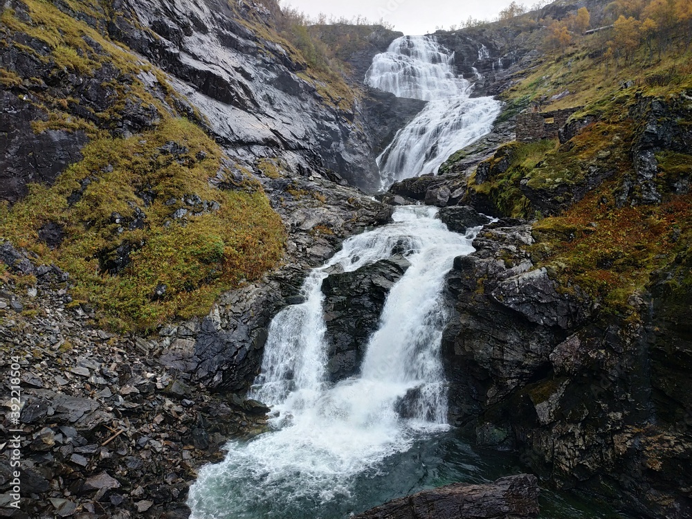 Naklejka premium View on the Norway landscapes from The Flam Railway train windows at autumn