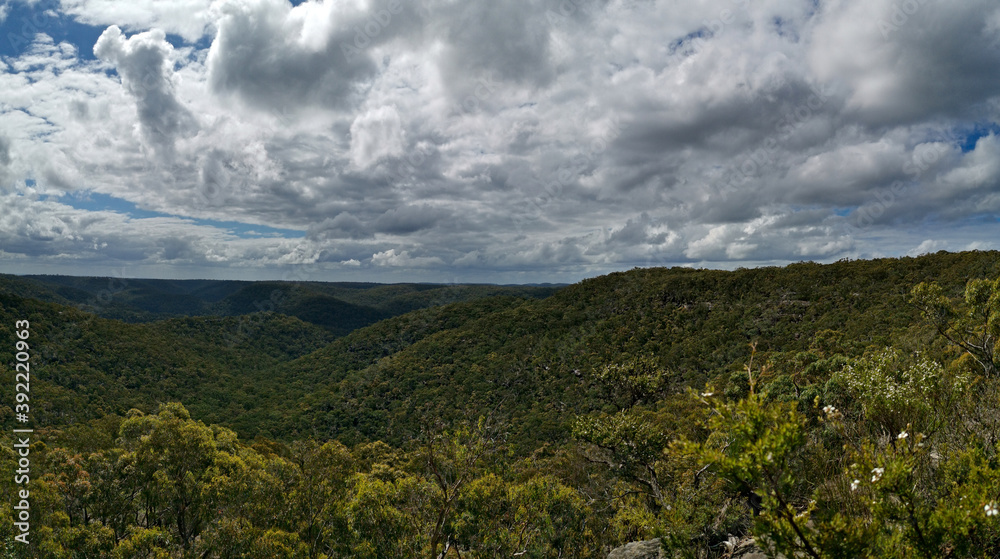Beautiful panoramic view of mountain and valley landscape on a cloudy day, Berowra Heights, Berowra Valley National Park, Sydney, New South Wales, Australia
