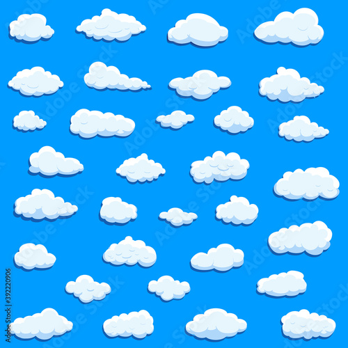 White cartoon clouds set isolated on blue background. Collection of different cartoon clouds for background template, wallpaper and sky design. Cartoon clouds vector. Sky illustration