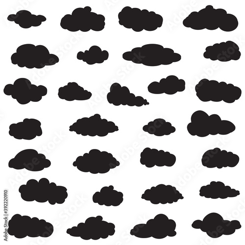 Black cartoon clouds set isolated on white background. Collection of different cartoon clouds for background template, wallpaper and sky design. Cartoon clouds vector. Sky illustration