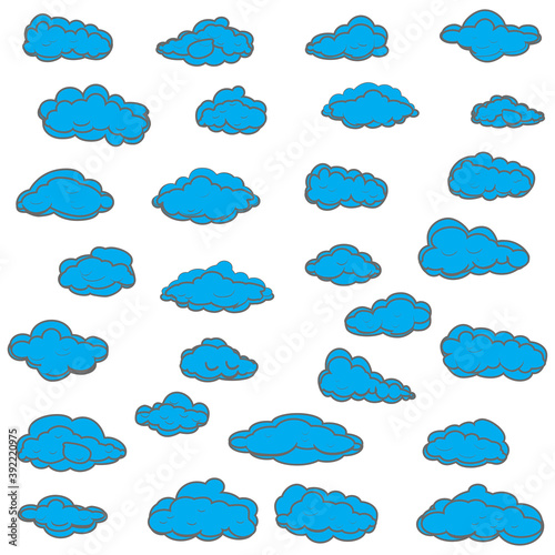 White cartoon clouds set isolated on white background. Collection of different cartoon clouds for background template, wallpaper and sky design. Cartoon clouds vector. Sky illustration