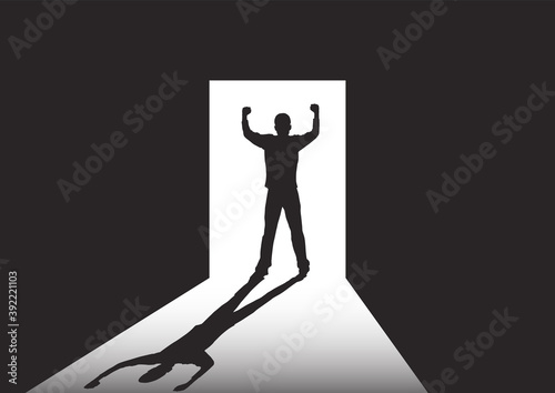 Silhouette of man standing at the door in the dark room with fists raised up facing the light, success, achievement and winning concept vector illustration