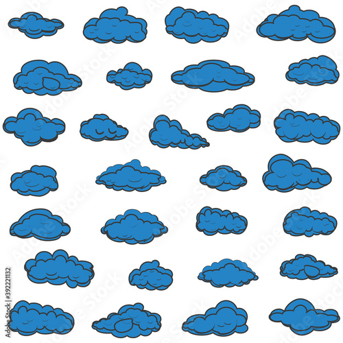 White cartoon clouds set isolated on white background. Collection of different cartoon clouds for background template, wallpaper and sky design. Cartoon clouds vector. Sky illustration