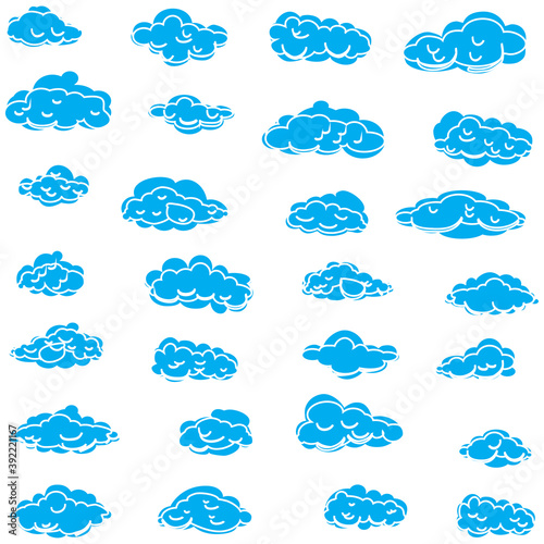 White cartoon clouds set isolated on white background. Collection of different cartoon clouds for background template, wallpaper and sky design. Cartoon clouds vector. Sky illustration