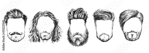 Hair and Beards, Fashion Vector Illustration Set. Identikit