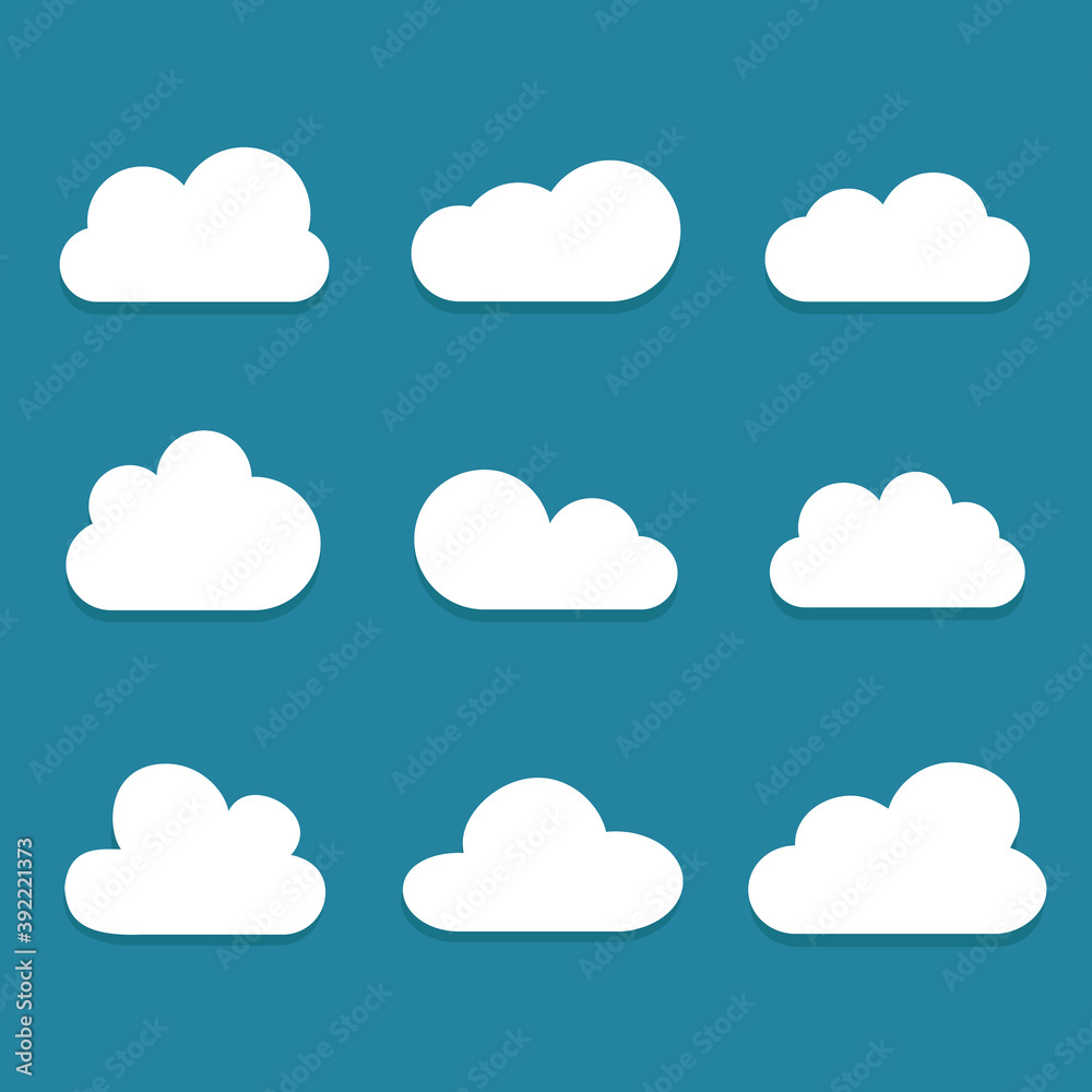 White cartoon clouds set isolated on blue background. Collection of different cartoon clouds for background template, wallpaper and sky design. Cartoon clouds vector. Sky illustration White cartoon clouds set isolated on blue background. Collection of different cartoon clouds for background template, wallpaper and sky design. Cartoon clouds vector. Sky illustration