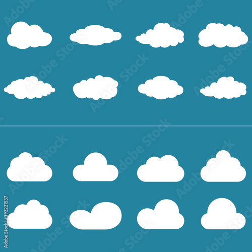 White cartoon clouds set isolated on blue background. Collection of different cartoon clouds for background template, wallpaper and sky design. Cartoon clouds vector. Sky illustration