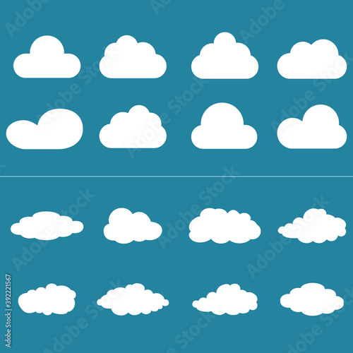 White cartoon clouds set isolated on blue background. Collection of different cartoon clouds for background template, wallpaper and sky design. Cartoon clouds vector. Sky illustration