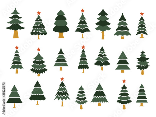 Set of different fir trees. Tree Merry Christmas Icon. Vector template for design, greeting card, invitation. Happy New Year concept. Vector illustration. Festive Christmas trees.