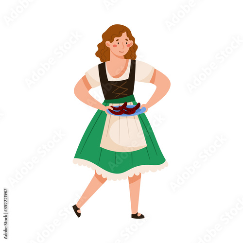 Young Woman in Dirndl Dress Carrying Tray with Grilled Sausages Vector Illustration