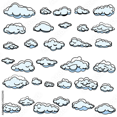 White cartoon clouds set isolated on white background. Collection of different cartoon clouds for background template, wallpaper and sky design. Cartoon clouds vector. Sky illustration