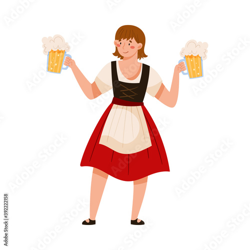 Young Woman in Dirndl Dress Holding Beer Mugs Vector Illustration