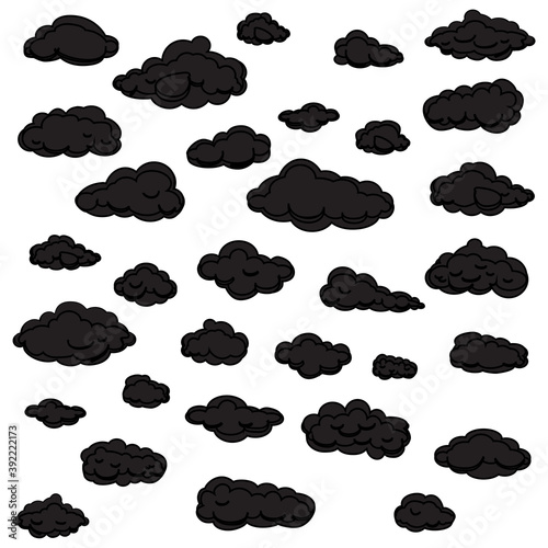 Black cartoon clouds set isolated on white background. Collection of different cartoon clouds for background template, wallpaper and sky design. Cartoon clouds vector. Sky illustration