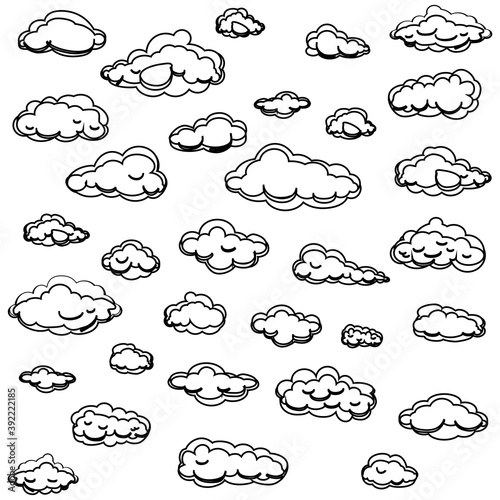 White cartoon clouds set isolated on white background. Collection of different cartoon clouds for background template, wallpaper and sky design. Cartoon clouds vector. Sky illustration