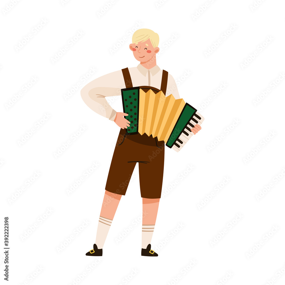 Young Man in Lederhosen Playing Piano Accordion Vector Illustration Young Man in Lederhosen Playing Piano Accordion Vector Illustration