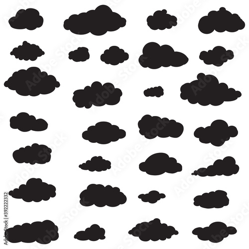Black cartoon clouds set isolated on white background. Collection of different cartoon clouds for background template, wallpaper and sky design. Cartoon clouds vector. Sky illustration