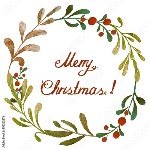 Merry Christmas watercolor background with leaves and wild berries. Geometric...
