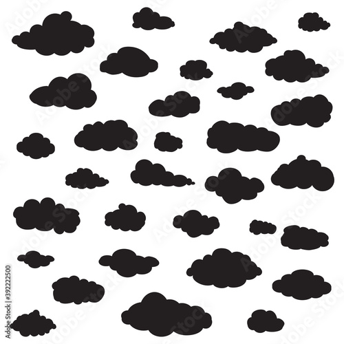 Black cartoon clouds set isolated on white background. Collection of different cartoon clouds for background template, wallpaper and sky design. Cartoon clouds vector. Sky illustration
