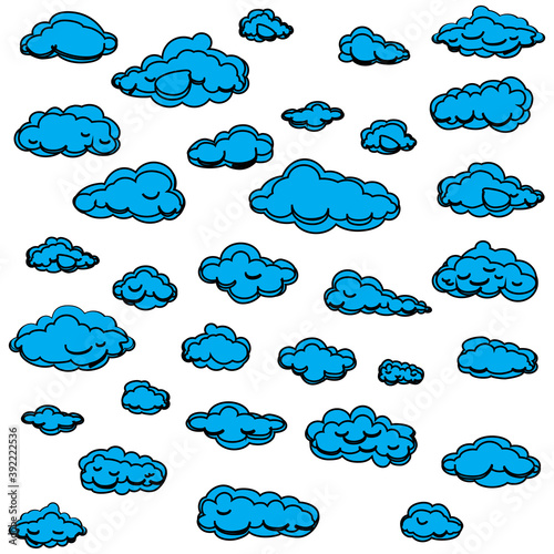 White cartoon clouds set isolated on blue background. Collection of different cartoon clouds for background template, wallpaper and sky design. Cartoon clouds vector. Sky illustration
