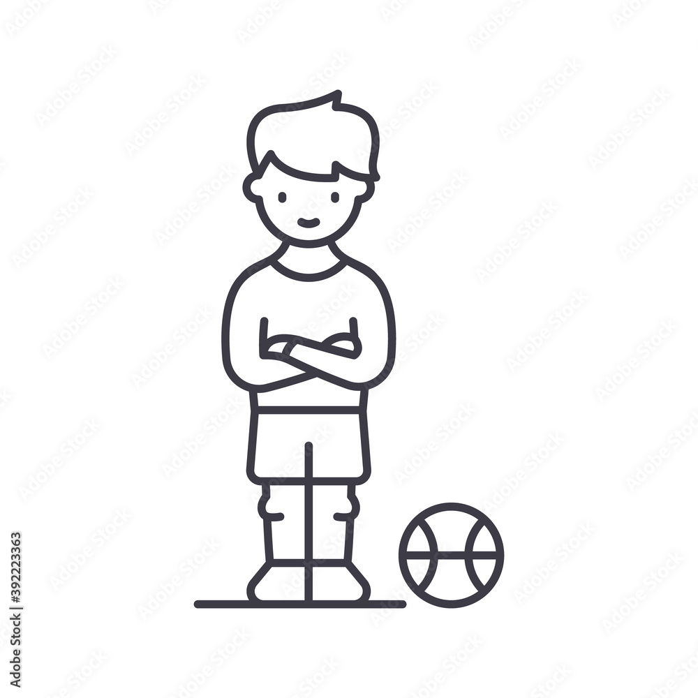 Boy with ball icon, linear isolated illustration, thin line vector, web design sign, outline concept symbol with editable stroke on white background. Boy with ball icon, linear isolated illustration, thin line vector, web design sign, outline concept symbol with editable stroke on white background.