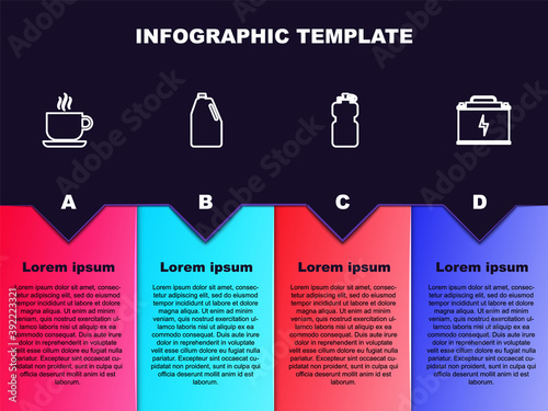 Set line Coffee cup, Household chemicals bottle, Sport with water and Car battery. Business infographic template. Vector.