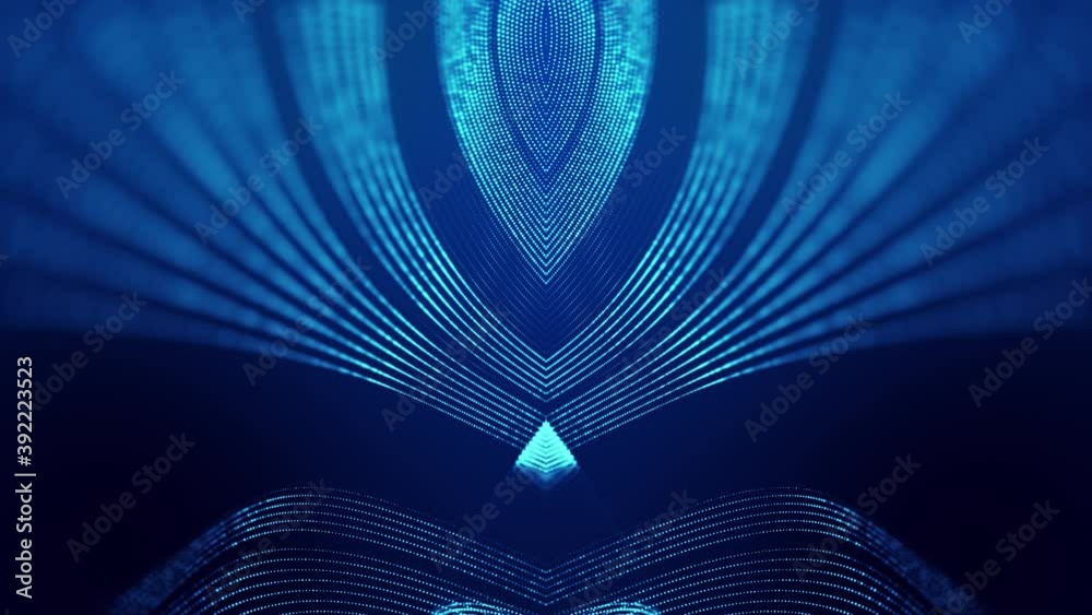 Sci-fi abstract theme with particle mirror waves. 4k looped abstract blue background of glow particles form curved lines, surfaces simmetrical structures. Digital bg with particle hologram.