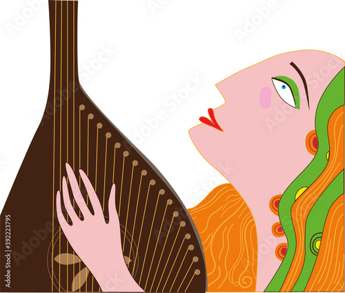 Girl with a bandura on a white background
