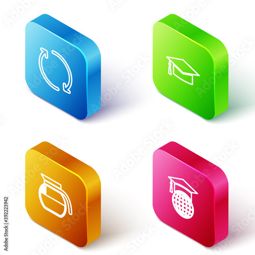 Set Isometric line Refresh, Graduation cap, Coffee pot and globe icon. Vector.