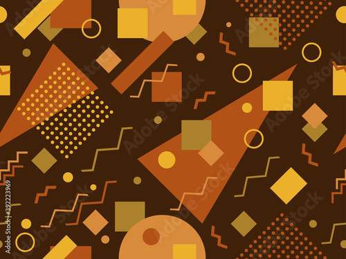 Seamless pattern with geometric shapes in the style of the 80s. Multicolored vintage background with triangles, circles and squares for brochures, banners and wrapping paper. Vector illustration