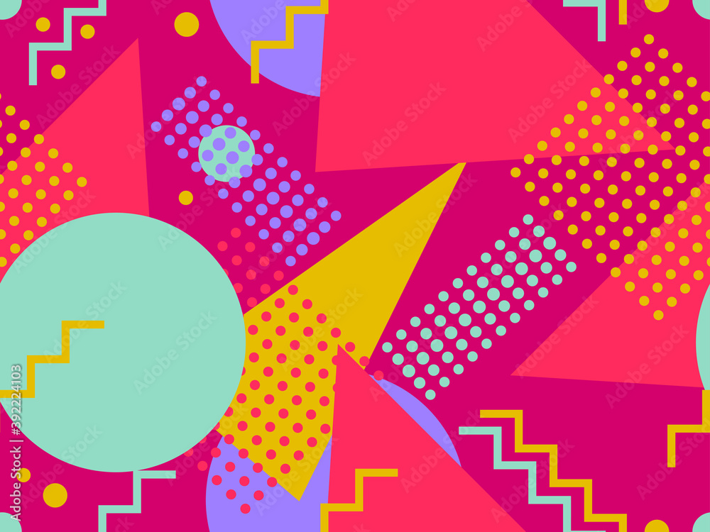 Seamless pattern with geometric shapes in the style of the 80s. Multicolored vintage background with triangles, circles and squares for brochures, banners and wrapping paper. Vector illustration