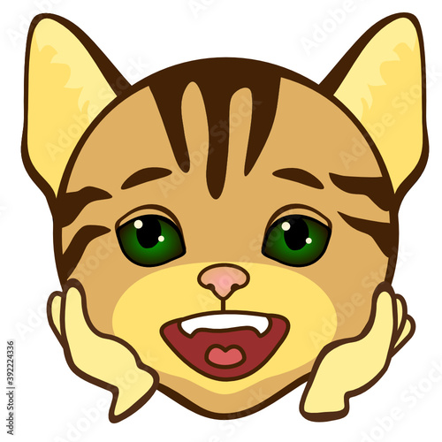 happy smiling cat daydreams while propping his head up with hands, simplistic facial expression vector illustration, simple hand drawn emoticon, funny cartoon character