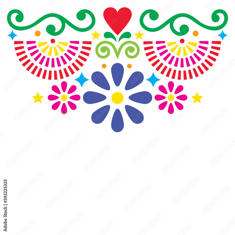 Mexican folk art vector greeting card or invitation design, colorful pattern with flowers and geometric shapes
 