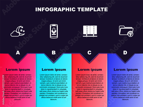 Set line Cloud with moon and stars, Mobile recording, Server, Data, Web Hosting and Unknown directory. Business infographic template. Vector.