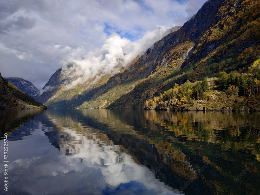 Naklejka premium View on the fjord near Njardarheimr Norway at autumn