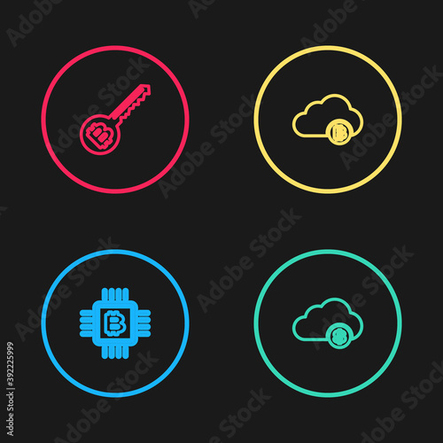 Set line CPU mining farm, Cryptocurrency cloud, and key icon. Vector.