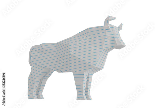 Statuette of a simplified polygonal Ruled Paper Bull  folded paper animal figurine  a symbol of the new year 2021  3d render
