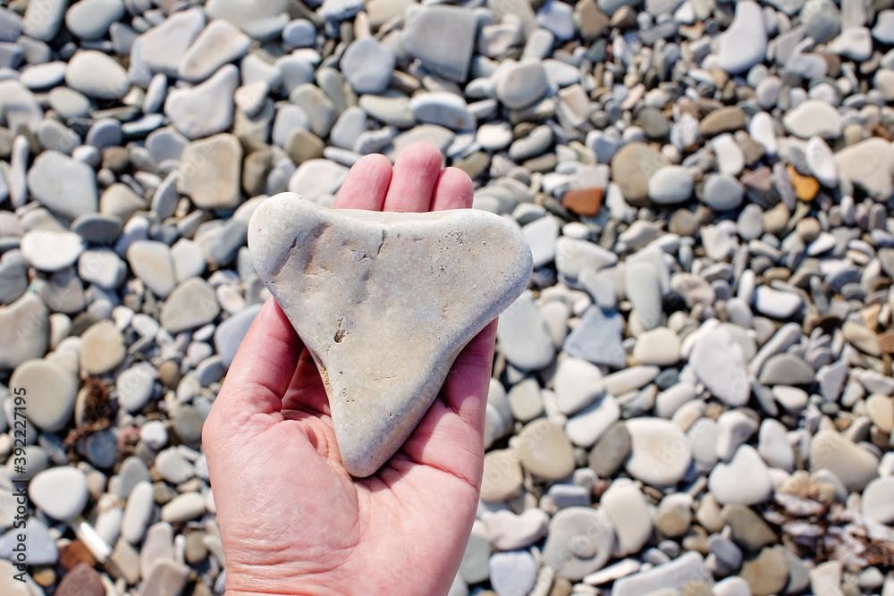 Gray stone in hand on a background of pebbles Gray stone in hand on a background of pebbles