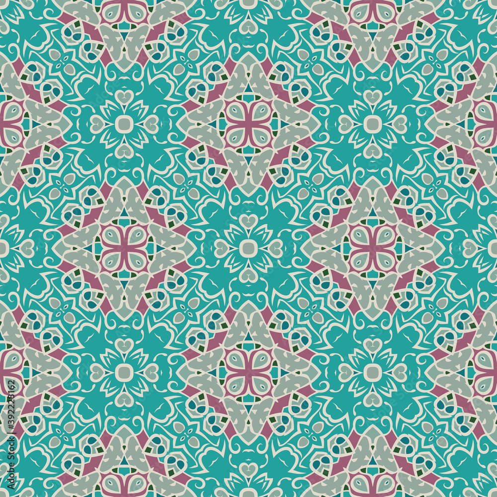 Creative color abstract geometric pattern in gray pink green blue, vector seamless, can be used for printing onto fabric, interior, design, textile, rug, carpet, pillows, tiles.