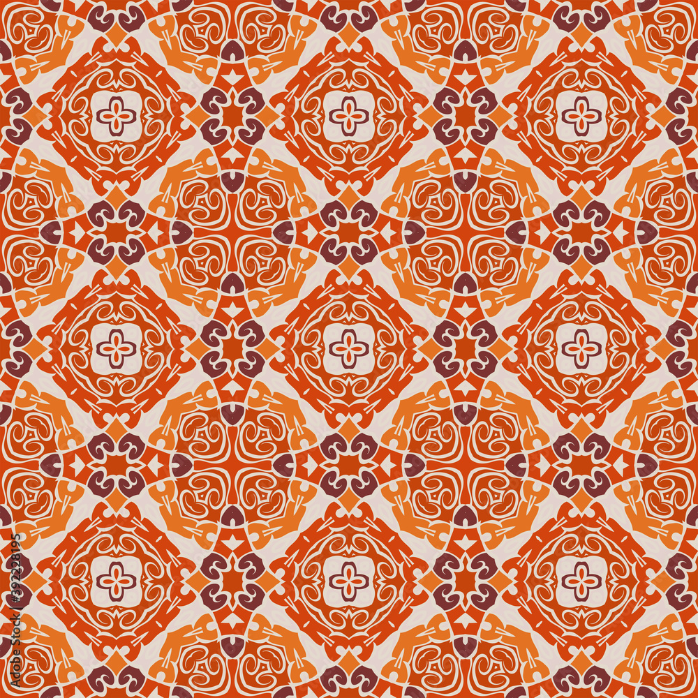 Creative color abstract geometric pattern in white orange red brown, vector seamless, can be used for printing onto fabric, interior, design, textile, rug, carpet, pillows, tiles.