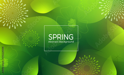 Spring abstract vector template design. Spring abstract background text with green color geometric shape like flowers, petals and leaf elements. Vector illustration 
