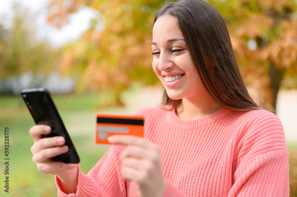 Lady buying online with a credit card and smart phone sitting on a couch at home with a blurred background