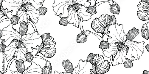 Seamless background with orchid flowers. Beautiful graphical black and white pattern. Idea for a collection of textiles, stylish packaging, creativity