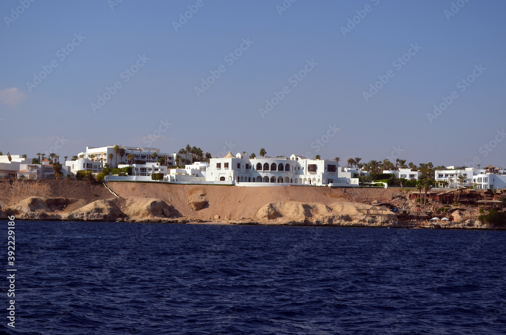 The view of empty from Covid-19 resorts and hotels at coast of Sharm El Sheikh from yacht