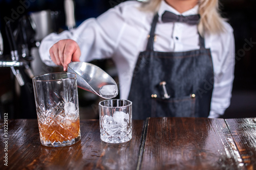 Girl barman makes a cocktail in the beerhouse photo